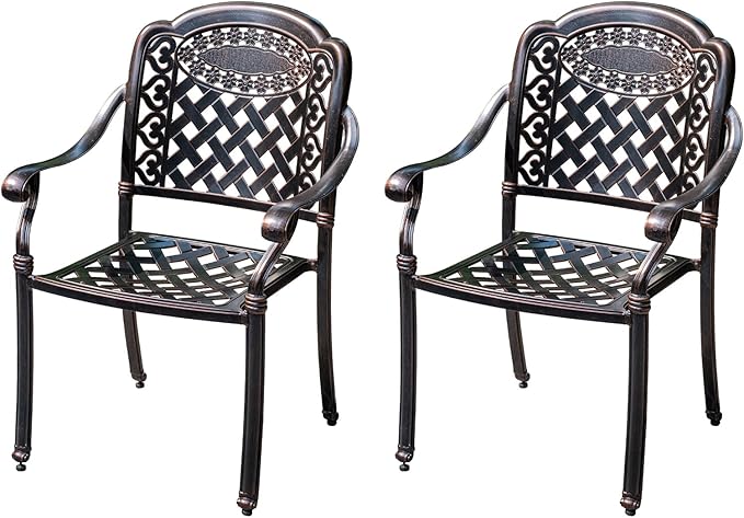 Outdoor Dining Chair Cast Aluminum Patio Chairs Set of 2 All-Weather Patio Dining Chair with Adjustable Feet for Backyard Garden (Slanted Grid Square Chair)-VerdiqueGarden