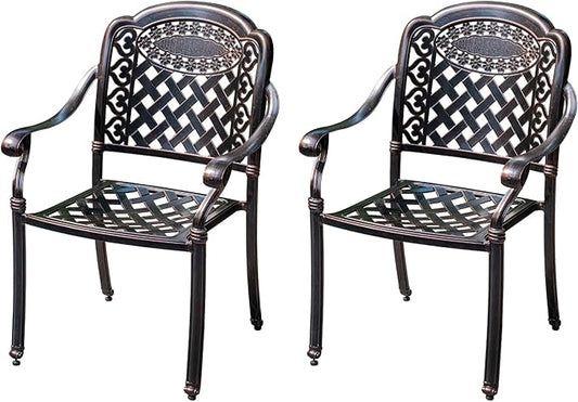 Outdoor Dining Chair Cast Aluminum Patio Chairs Set of 2 All-Weather Patio Dining Chair with Adjustable Feet for Backyard Garden (Slanted Grid Square Chair)-VerdiqueGarden