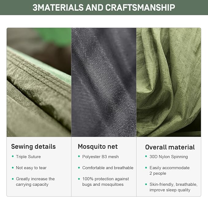 ETROL Camping Hammock with Mosquito Net,3 in 1 Function Parachute Portable Hammock,Double & Single Hammocks Tent for Travel Outdoor Indoor Hiking Patio - with Tree Straps,Carabiners,Aluminium Poles-VerdiqueGarden