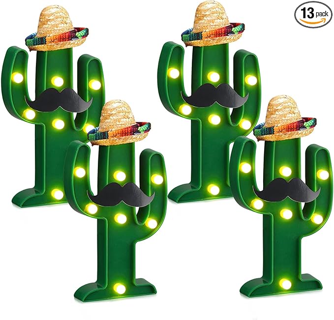 12 Pcs Cinco de Mayo LED Cactus Light with Mini Sombrero Straw Hats and Fake Beard Cinco De Mayo Table Decor Mexican Party Supplies for Table Room Bedroom Party Decoration (4.72 x 2.76 Inch)-VerdiqueGarden