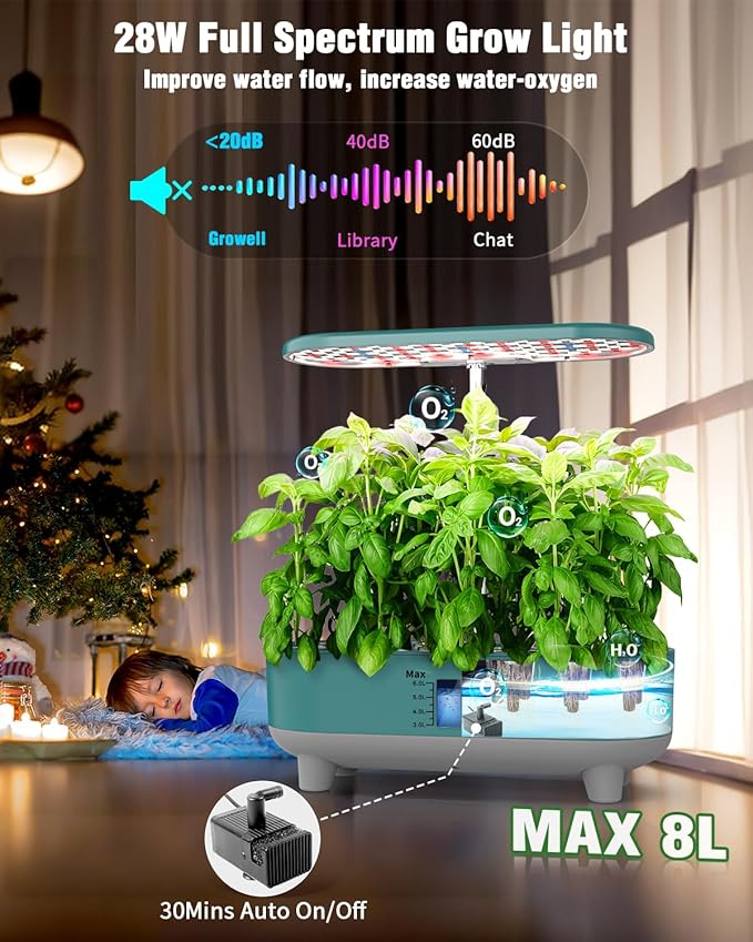 Hydroponics Growing System Kit, 16 Pods Indoor Garden with 28W Full Spectrum LED Grow Light, Auto Timer, 3 Smart Light Modes, 8L Large Herb Garden, Ideal Gardening Gift for Women, Men (Green)-VerdiqueGarden