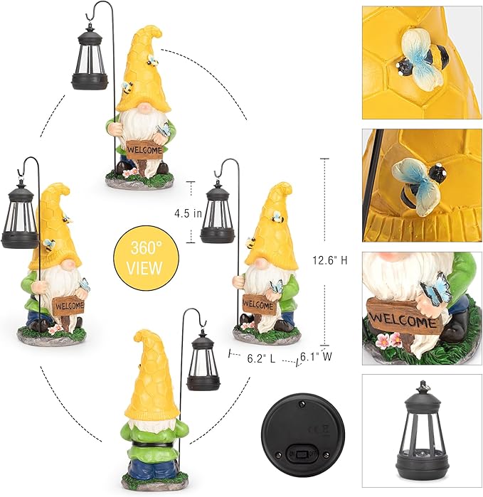12.6'' Solar Large Garden Gnomes Outdoor Statues with Lantern, Welcome Gnome Garden Outdoor Decor Gift Waterproof Decoration for Patio, Balcony, Yard Ornament - Unique Housewarming Gifts-VerdiqueGarden