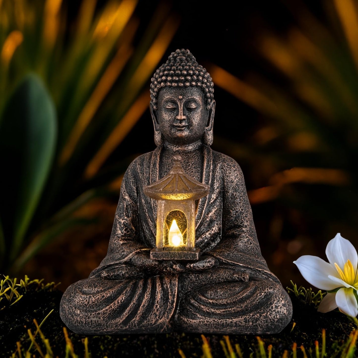 Buddha Garden Statue with Solar Light, Resin Zen Decor for Outdoor Patio or Indoor Meditation, Spiritual Gift for Women and Friends (Copper Pavilion)-VerdiqueGarden