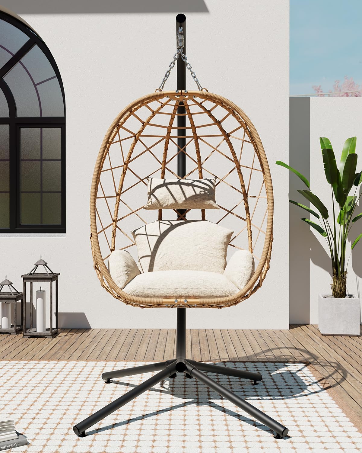 SWITTE Egg Swing Chair with Stand, Outdoor Patio Hanging Egg Chair, Indoor Hammock Chair with Cushion for Garden Backyard, 400LBS Capacity-Beige-VerdiqueGarden