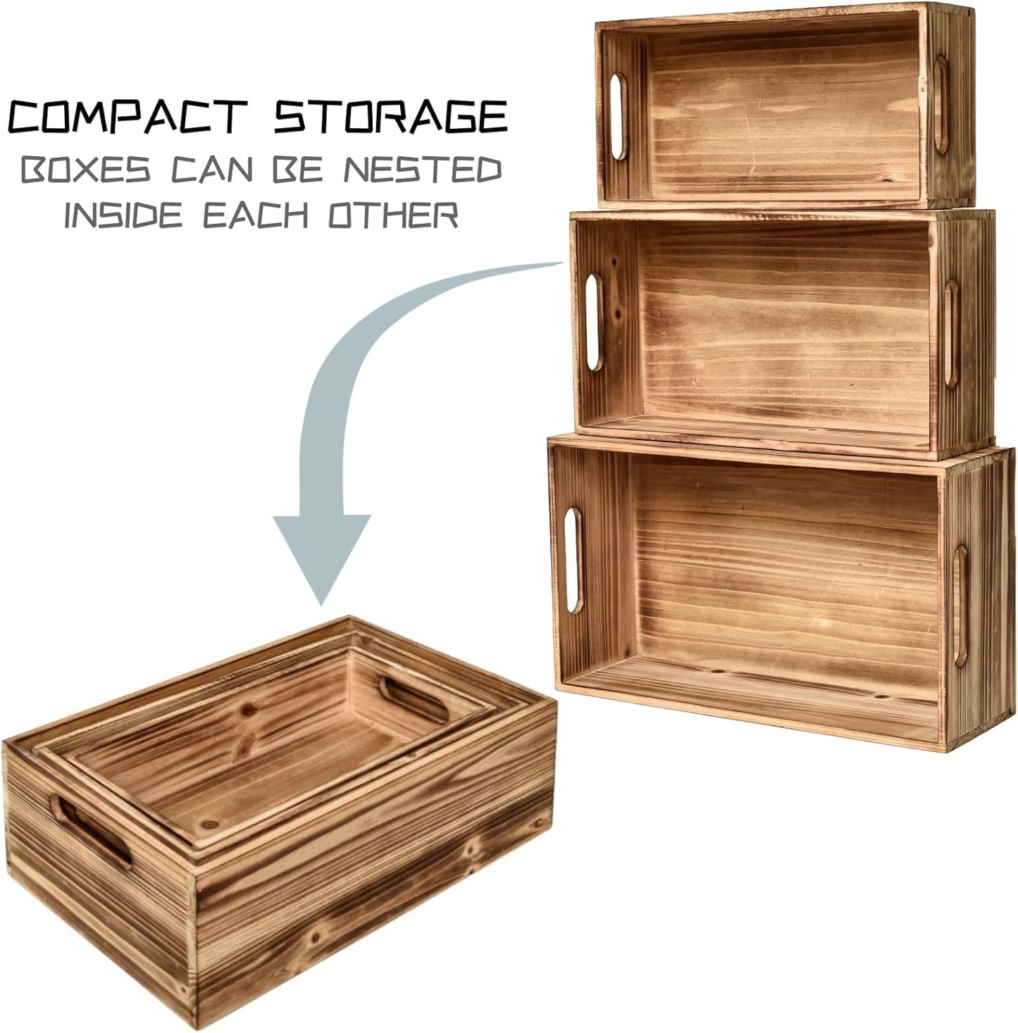 Set of 3 Wooden Boxes for Storage Small Torched Brown Wood Crates for Display and Organizing, Farmhouse Style Storage Boxes for Crafts Decor, Home Pantry and Living Room-VerdiqueGarden