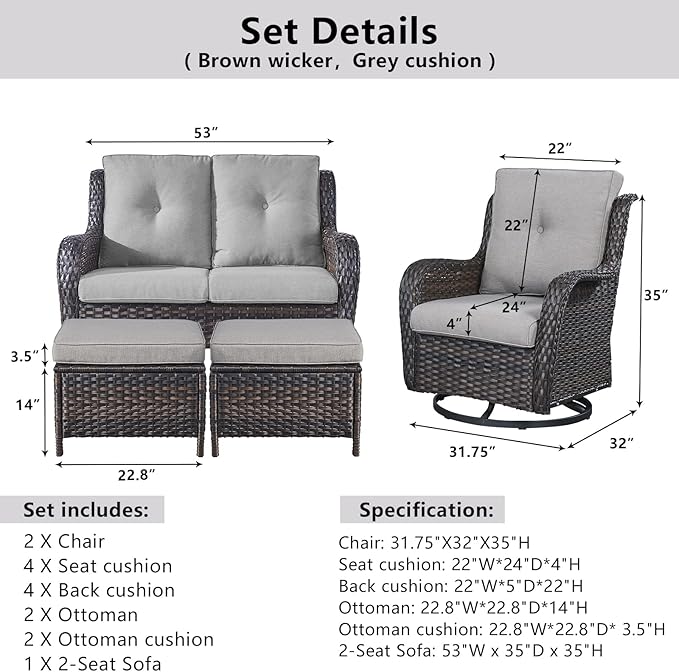 5 Piece Outdoor Patio Furniture Set - Wicker Furniture Patio Conversation Set, Outdoor Swivel Rocker Chairs with Loveseat Sofa and 2 Ottomans for Small Space, Gray Cushion-VerdiqueGarden