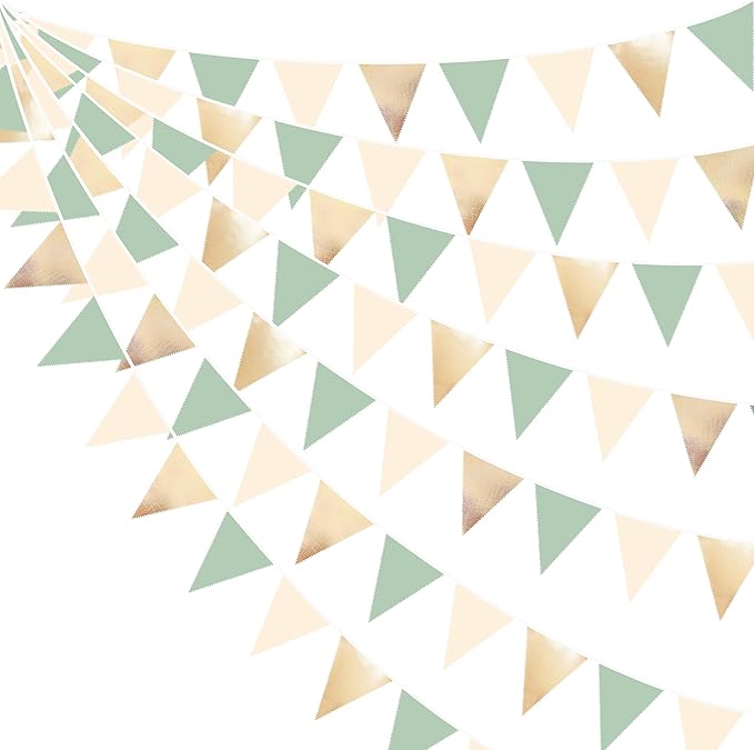 Sage Green Beige Champagne Gold Party Decorations Metallic Fabric Triangle Pennant Banner Bunting Flag Garland for Baby Shower Birthday Wedding Engagement Bridal Shower Graduation Decoration Supplies-VerdiqueGarden