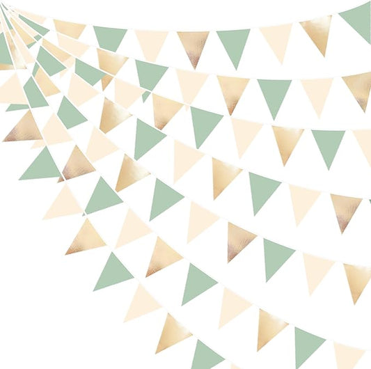 Sage Green Beige Champagne Gold Party Decorations Metallic Fabric Triangle Pennant Banner Bunting Flag Garland for Baby Shower Birthday Wedding Engagement Bridal Shower Graduation Decoration Supplies-VerdiqueGarden