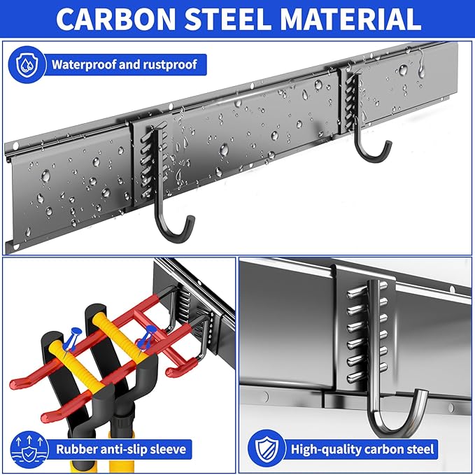 Garage Organization Tool Organizer Wall Mount, 32inch Heavy Duty Garden Tool organizer Storage System, Easy Install With 6 Adjustable Hooks, For Garage, Basement, Shed, Workshop(Black)-VerdiqueGarden