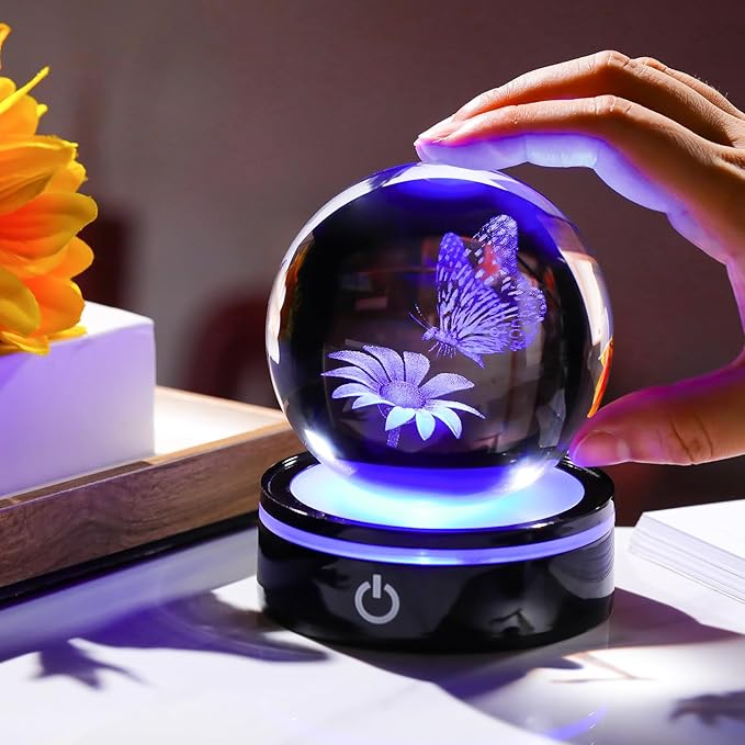YWHL 3D Crystal Ball Butterfly and Flower Figurine with Colorful LED Base, Laser Butterfly Gifts for Women Men on Christmas Birthday, Crystal Ball Butterfly Decor Night Light for Home Decor (80mm)-VerdiqueGarden