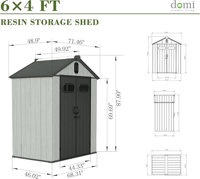 Domi 6x4FT Outdoor Resin Storage Shed with Transparent Windows & Louvered Vents, Plastic Tool Shed with Double Lockable Doors & Gable Roof, Outside Garden Shed for Backyard, Patio, Lawn, Grey-VerdiqueGarden
