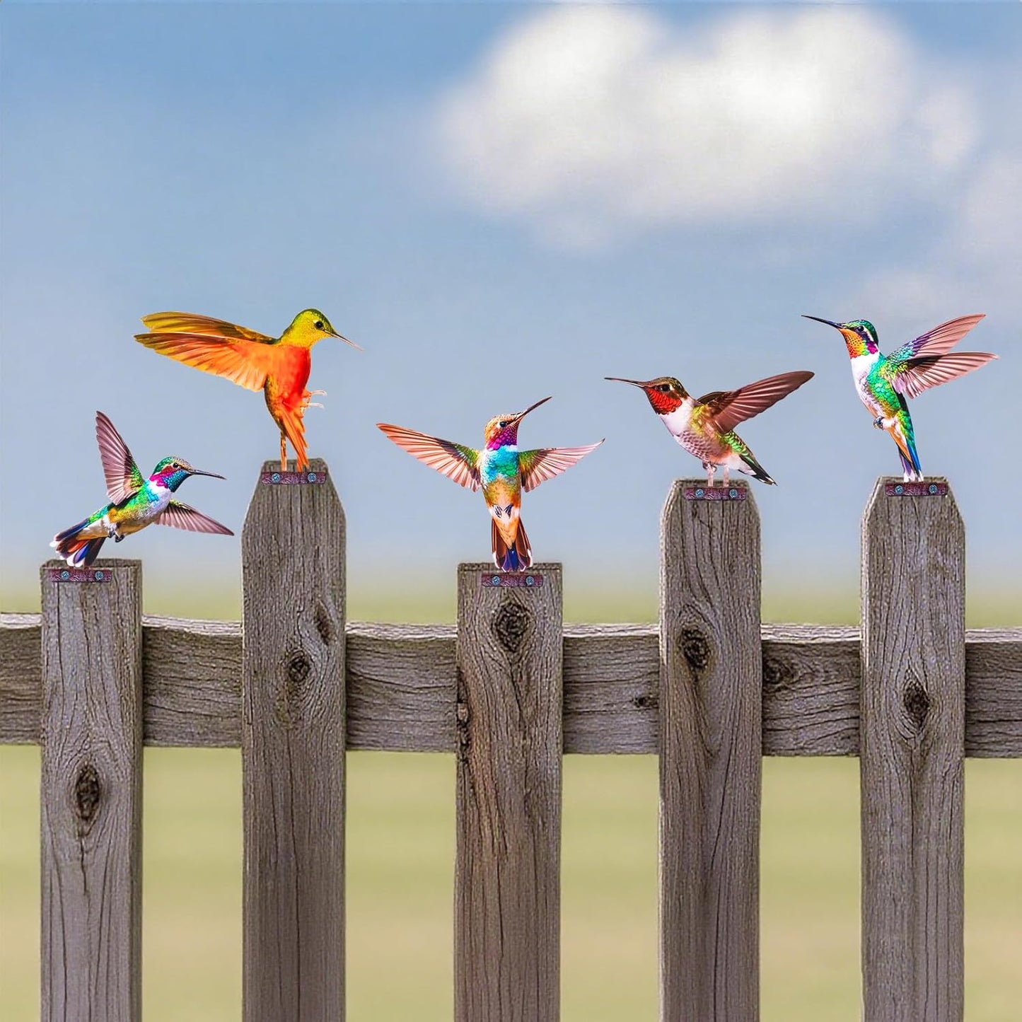 HUYIENO 5PCS Vibrant Metal Bird Decorations Colorful 2D Garden Fence Ornaments for Outdoor Patio & Bird Lovers Hummingbird-VerdiqueGarden