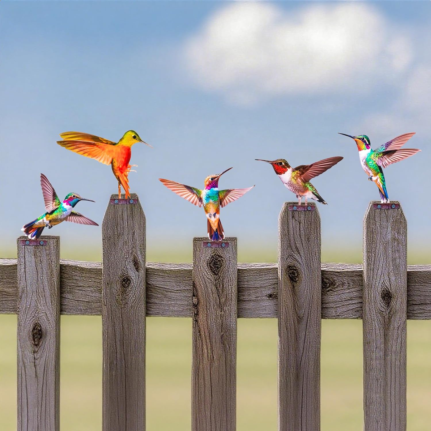 HUYIENO 5PCS Vibrant Metal Bird Decorations Colorful 2D Garden Fence Ornaments for Outdoor Patio & Bird Lovers Hummingbird-VerdiqueGarden