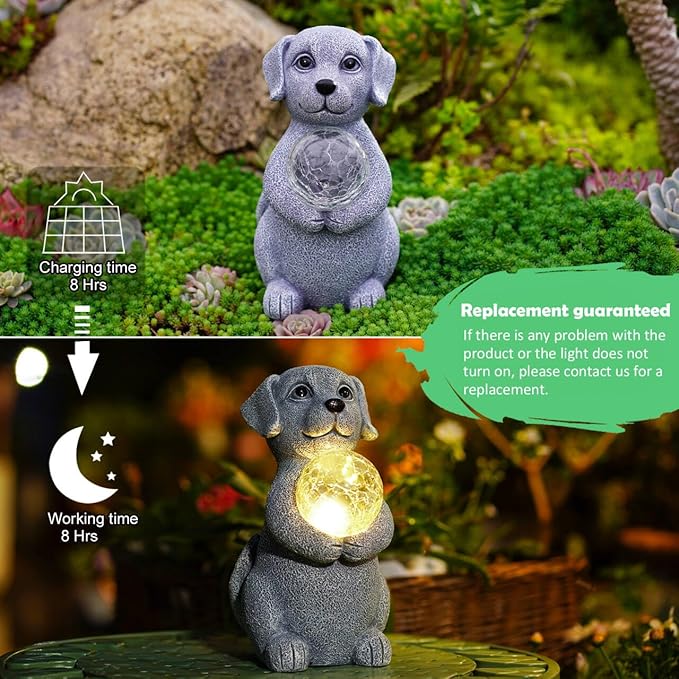 Solar Dog Garden Statues - 8.4 "Dog Decor with Gazing Ball Solar LED Lights, Unique Gifts for Mom Grandma Birthdays, Outdoor Decor for Outside Lawn Porch Patio (Gray)-VerdiqueGarden