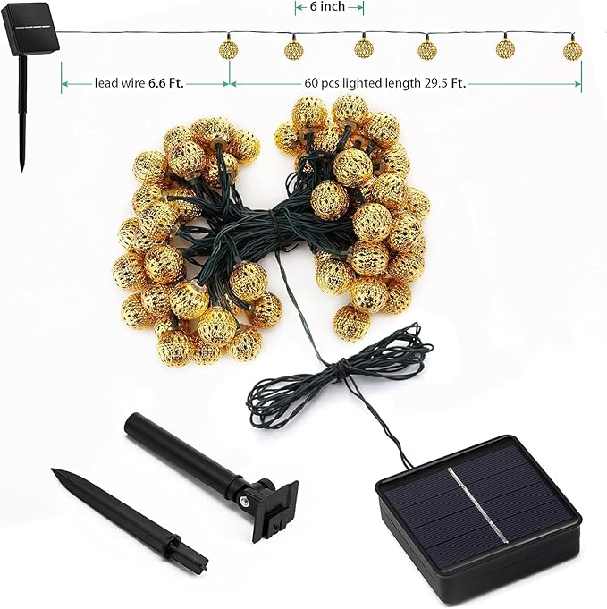 Solar Moroccan String Lights Outdoor 60 LED 36 Ft Globe Fairy Lights with 8 Lighting Modes, Waterproof Solar Powered String Lights for Garden Yard Gazebos Camping Party (Multicolor)-VerdiqueGarden