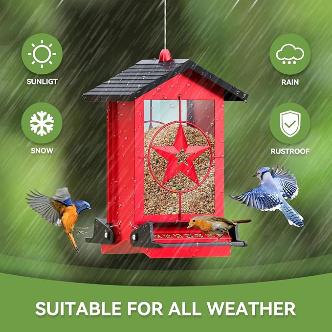 Squirrel Proof Bird Feeder for Outdoors Hanging, Metal Wild Bird Seed Feeder with Bilateral Weight-Activated Perches, 5LB Large Capacity Wild Bird Feeders for Outside Finch, Cardinal, Blue Jay-VerdiqueGarden