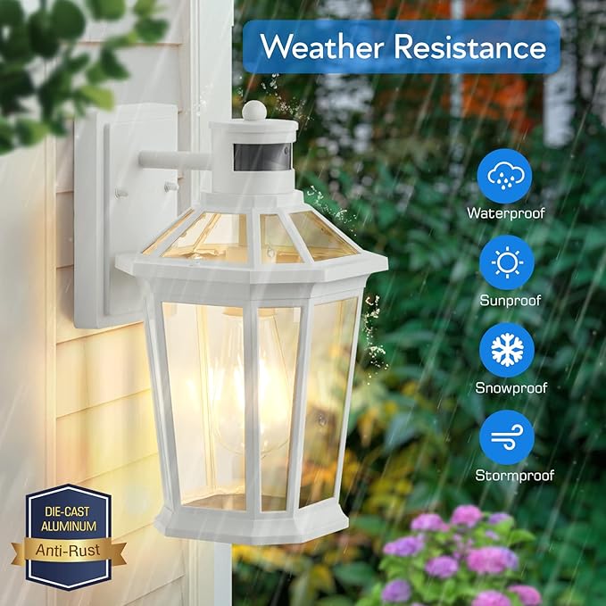 VIANIS Motion Sensor Outdoor Exterior Light Fixture, White Outdoor Porch Lights Wall Mount, Waterproof Dusk to Dawn Coach Lantern, Modern Outdoor Lights Fixtures for Garage, Front Door-VerdiqueGarden