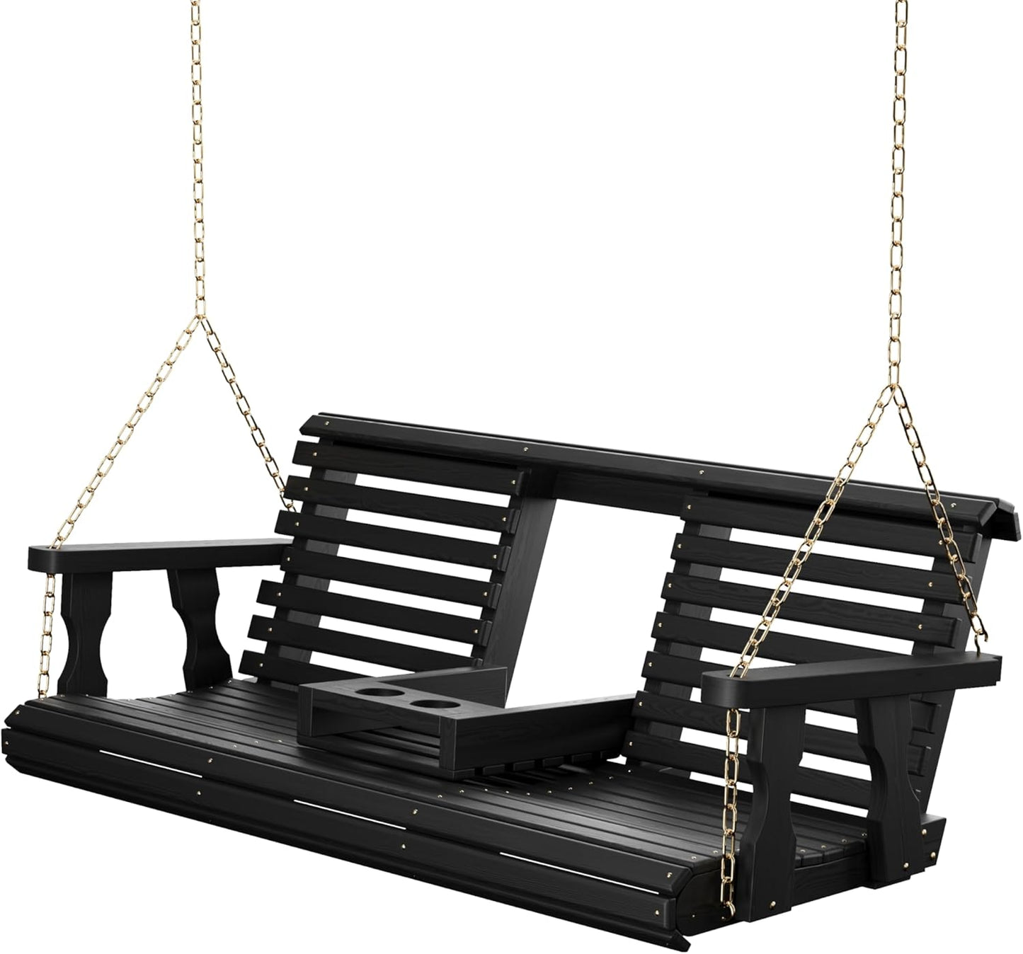 Porchgate Amish Heavy Duty Console Porch Swing with Fold Down Cup Holders in Semi Solid Black Stain - Amish Made in The USA from Treated Pine, Hanging Chains Included-VerdiqueGarden