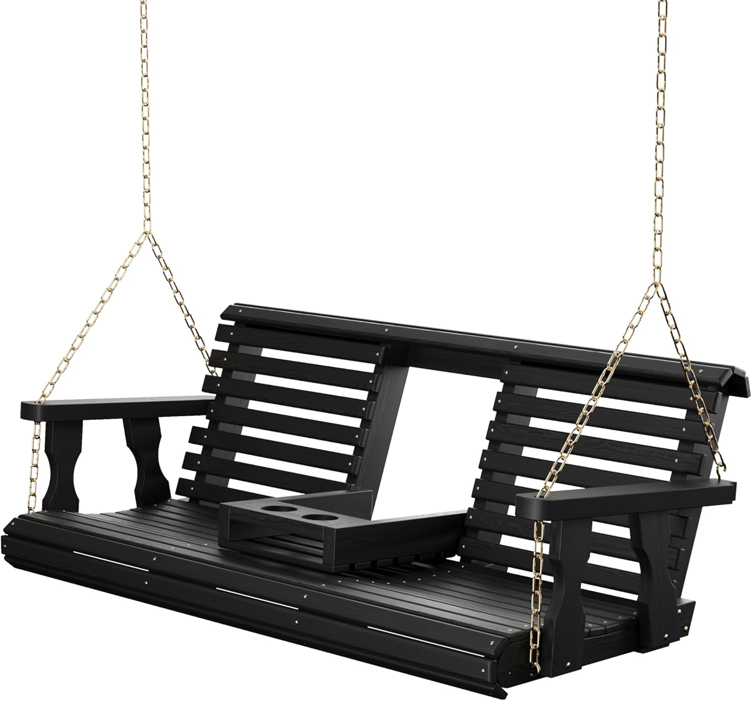 Porchgate Amish Heavy Duty Console Porch Swing with Fold Down Cup Holders in Semi Solid Black Stain - Amish Made in The USA from Treated Pine, Hanging Chains Included-VerdiqueGarden