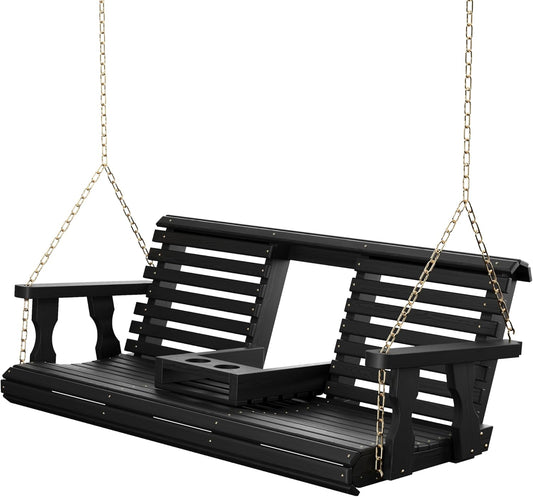 Porchgate Amish Heavy Duty Console Porch Swing with Fold Down Cup Holders in Semi Solid Black Stain - Amish Made in The USA from Treated Pine, Hanging Chains Included-VerdiqueGarden