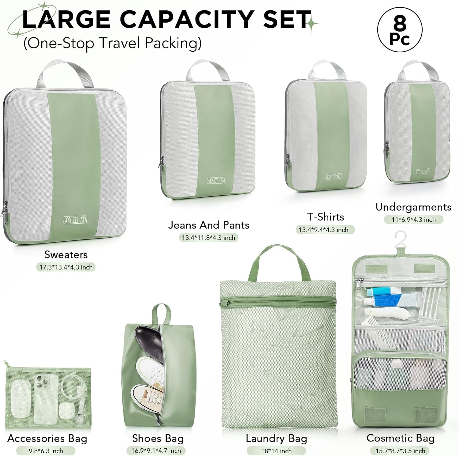 8 Set Compression Packing Cubes for Travel Essentials,Compressible Expandable Packing Cubes for Suitcase,OlarHike Luggage Organizer Bags for Travel,Handy Helper for Organizing Clothes(Matcha Green)-VerdiqueGarden