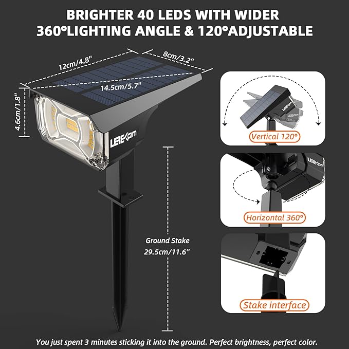 3 Brightness Modes Solar Outdoor Lights with Super Bright 40LEDs, 360 Adjustable Lighting Angle, USB Charging, Longer Working Time, Waterproof, Patio, Porch, Driveway-VerdiqueGarden