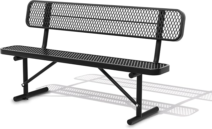 6 FT Heavy Duty Park Bench, Outdoor Metal Black Bench with Back-Commercial Steel Benches for Outside, 2-4 Person Seat-Garden Benches with Portable Frame for Outdoors-VerdiqueGarden
