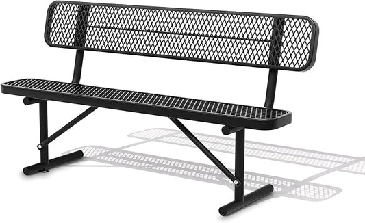6 FT Heavy Duty Park Bench, Outdoor Metal Black Bench with Back-Commercial Steel Benches for Outside, 2-4 Person Seat-Garden Benches with Portable Frame for Outdoors-VerdiqueGarden