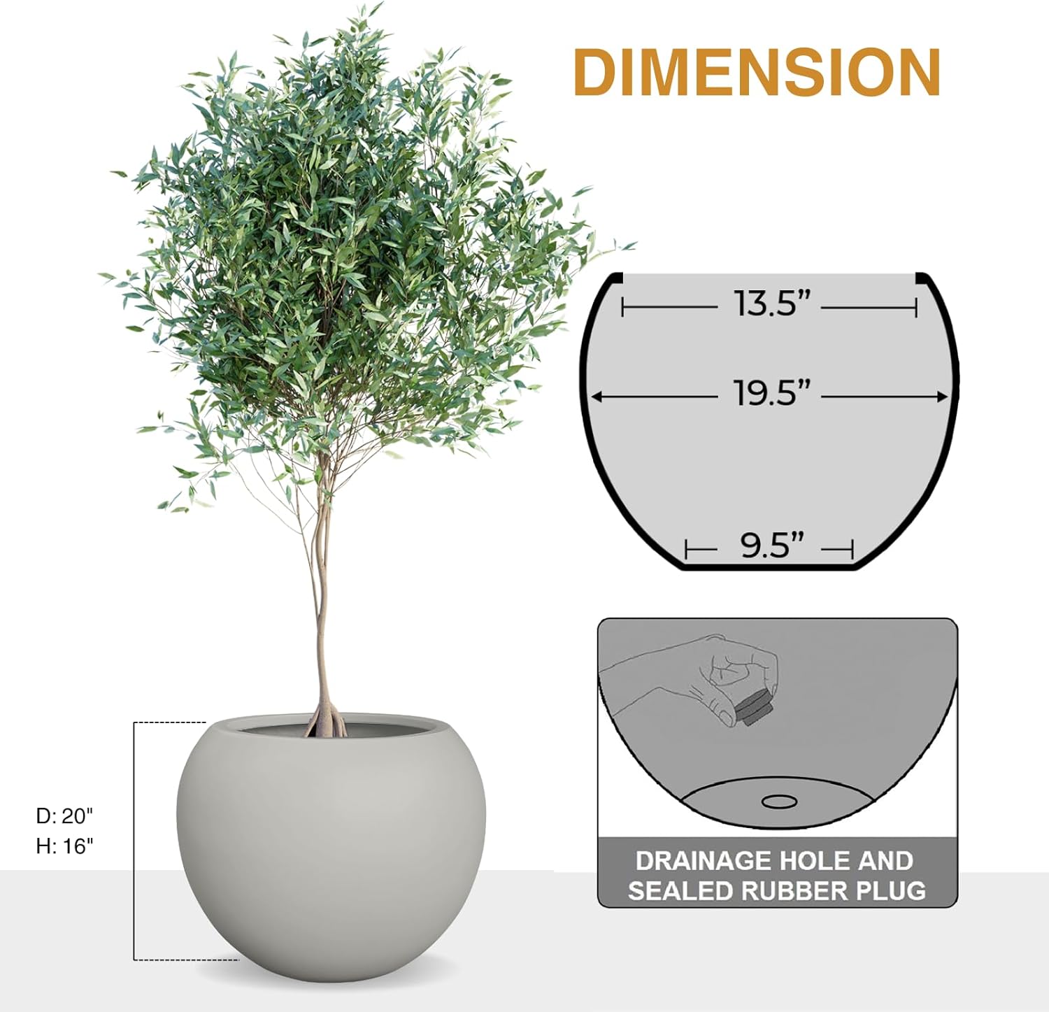 Globo Large Fiberstone Plant Pot, Large Planters for Indoor Plants, Outdoor Planters for Porch (Light French Gray, 20" D x 16" H)-VerdiqueGarden