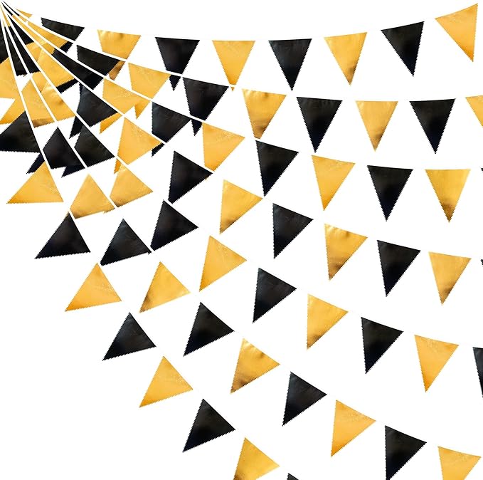 Black and Gold Party Decorations Triangle Pennant Banner Flag Metallic Fabric Bunting Garland for Birthday Graduation Anniversary Wedding Bachelorette Bridal Shower Engagement Hen Party Supplies-VerdiqueGarden