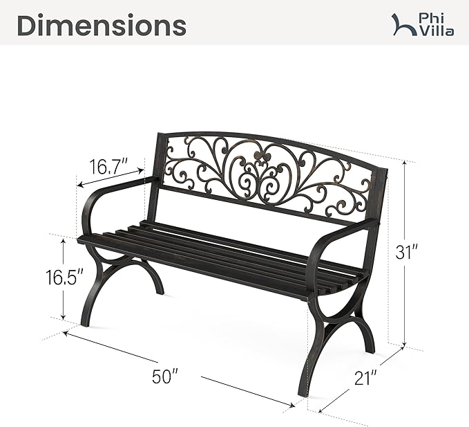 PHI VILLA 50Inch Cast Iron Steel Frame Garden Bench Patio Furniture Chair Outdoor Bench w/Floral Design Backrest, Slatted Seat for Park, Yard & Porch, Bronze-VerdiqueGarden