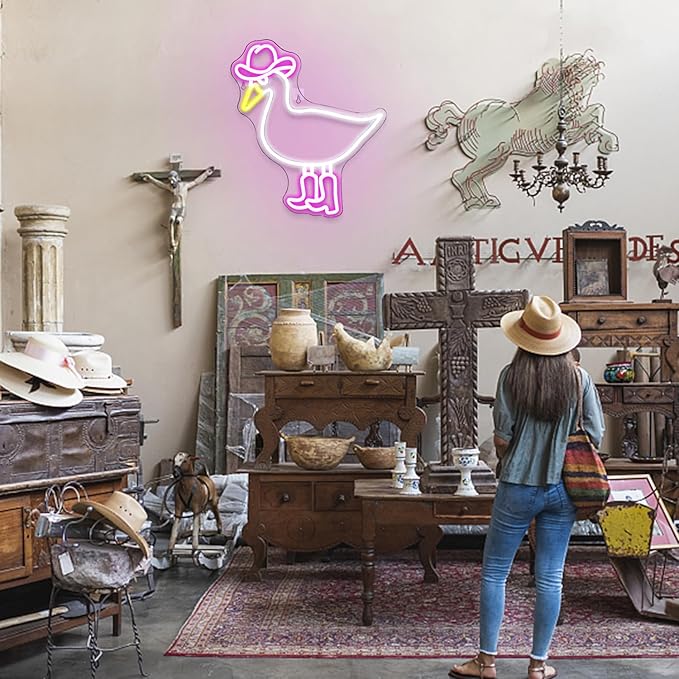 Cowboy Duck Neon Sign,Duck Neon Signs Cowgirl Boots Neon Signs for Wall Decor, USB Connectivity Pink LED Signs for Bedroom Living Room Kids Room Home Bar Birthday Party-VerdiqueGarden