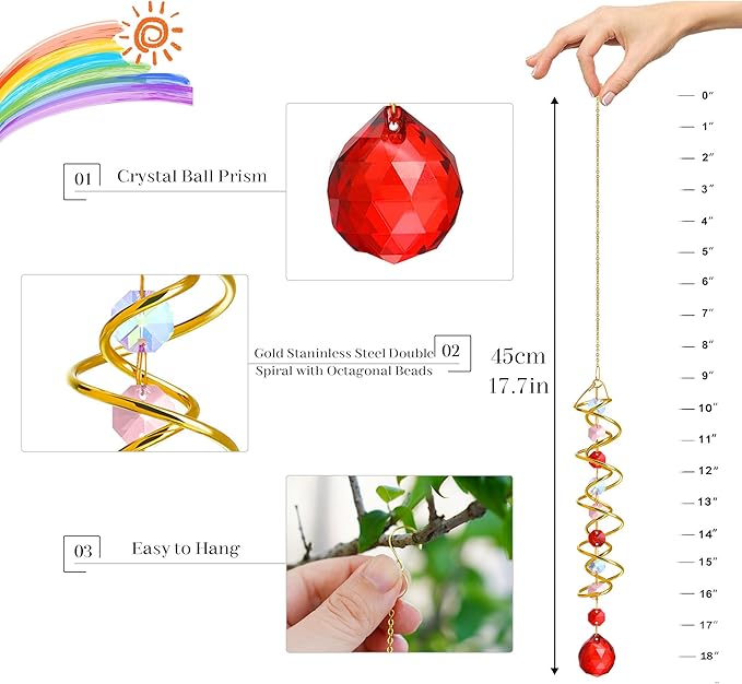 H&D HYALINE & DORA 17.7in Crystal Suncatcher Gazing Ball Spiral Tail,Wind Spinner Sun Catcher with Octagonal Beads,Sun Catchers Window Hanging for Outdoor Garden Decor-VerdiqueGarden