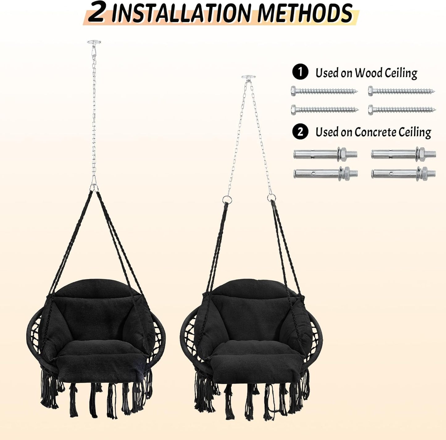 Macrame Hammock Hanging Swinging Chair with Oversized Cushion, Perfect for Bedroom, Porch, Kids, Adults, Balcony, Black-VerdiqueGarden