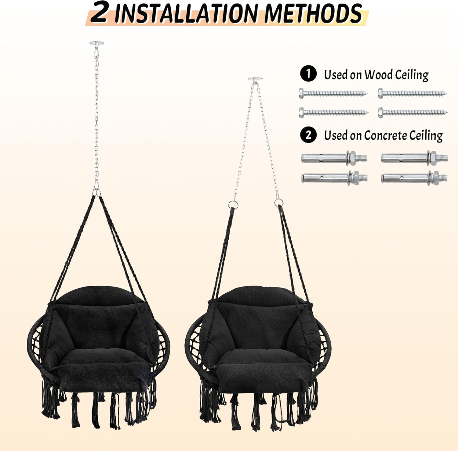 Macrame Hammock Hanging Swinging Chair with Oversized Cushion, Perfect for Bedroom, Porch, Kids, Adults, Balcony, Black-VerdiqueGarden