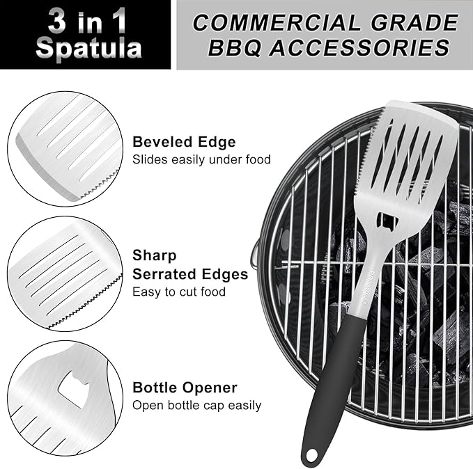 BBQ Grilling Accessories, 3Pcs Stainless Steel Grill Tools Accessories Set with Spatula, Fork and Tongs, Barbecue Utensils Grilling Tools for Outdoor Camping, Heat-Resistant Silicone Handle-VerdiqueGarden