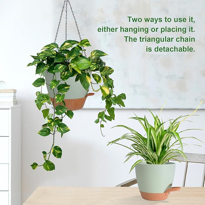10/9/8 Inch Hanging Planter for Indoor Outdoor Plants, 3 Pack Self-Watering Hanging Pot with Drainage Holes Hanging Planter Baskets Plant Pots with Removable Tray (Green+Brown)-VerdiqueGarden