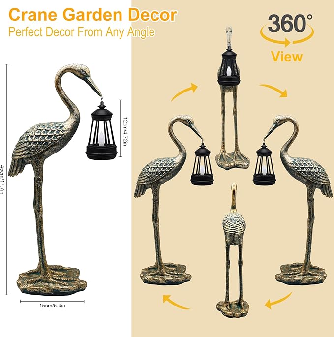 Solar Garden Statue Crane Figurine, Outdoor Hanging Solar Lanterns, Blue Heron Sculpture Statue for Patio, Yard, Lawn, Porch, Garden Decor for Outside Gifts for Christmas Mom, Women, Mother's Day-VerdiqueGarden