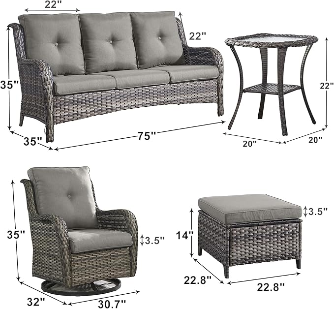 Outdoor Wicker Patio Furniture Set - 6 Piece Rattan Patio Conversation Set with 2 Rocking Swivel Chairs,2 Ottomans,1 Sofa and 1 Side Table for Porch Deck Backyard Garden(Mixed Grey/Grey)-VerdiqueGarden