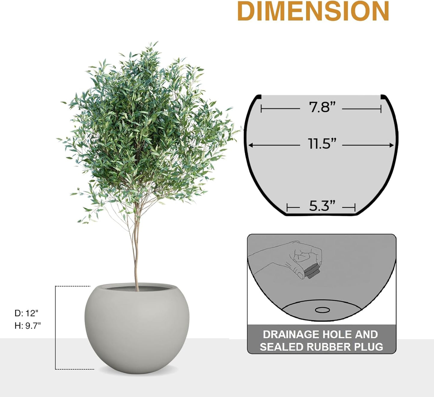 Globo Large Fiberstone Plant Pot, Large Planters for Indoor Plants, Outdoor Planters for Porch (Light French Gray, 12" D x 9.7" H)-VerdiqueGarden