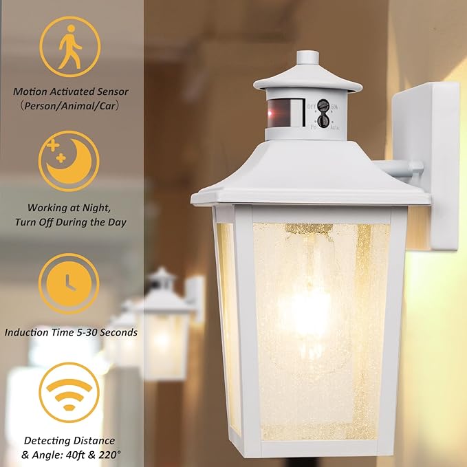 White Motion Sensor Outdoor Wall Light - Dusk to Dawn Outdoor Wall Lighting, Waterproof Exterior Light Fixture, Modern Porch Light Outside Wall Mount for House Patio Garage, Anti-Rust-VerdiqueGarden