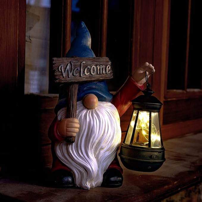 Garden Gnome Outdoor Decoration Solar Gnomes Statue with Lantern LED Lights,Terrace Courtyard Lawn Patio Porch Decoration Christmas Housewarming Gift for Woman Mom, Gnome Blue-VerdiqueGarden