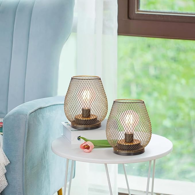 DECORKEY Set of 2 Battery Operated Lamp LED Table Lantern, Golden Metal Cage Cordless Lamps with LED Bulb，Vintage Decorative Outdoor Lantern for Weddings, Parties, Patio, Events for Indoor Shelf Decor-VerdiqueGarden