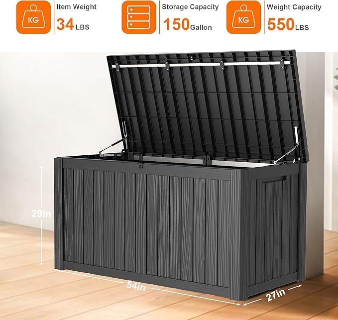 150 Gallon Resin Deck Box, Lockable Patio Outdoor Storage Box for Furniture, Garden Tools and Tools Storage, Waterproof Outside Storage Boxes - Black-VerdiqueGarden