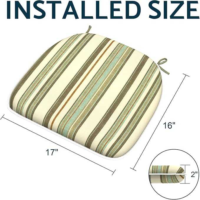 Indoor/Outdoor Chair Cushions 16x17 Inch, Patio Chair Cushions with Ties, All Weather Seat Cushions for Patio Furniture Home Garden Chair Use, Set of 2,Stripe Onyx-VerdiqueGarden
