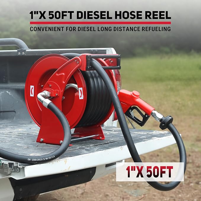 Fuel Hose Reel 1" x 50FT Extra Long Retractable Diesel Reel 300 PSI Auto Swivel Rewind Diesel Hose Reel with Fueling Nozzle Industrial Carbon Steel for Vehicle Tank Truck Trailer Ship, Red-VerdiqueGarden