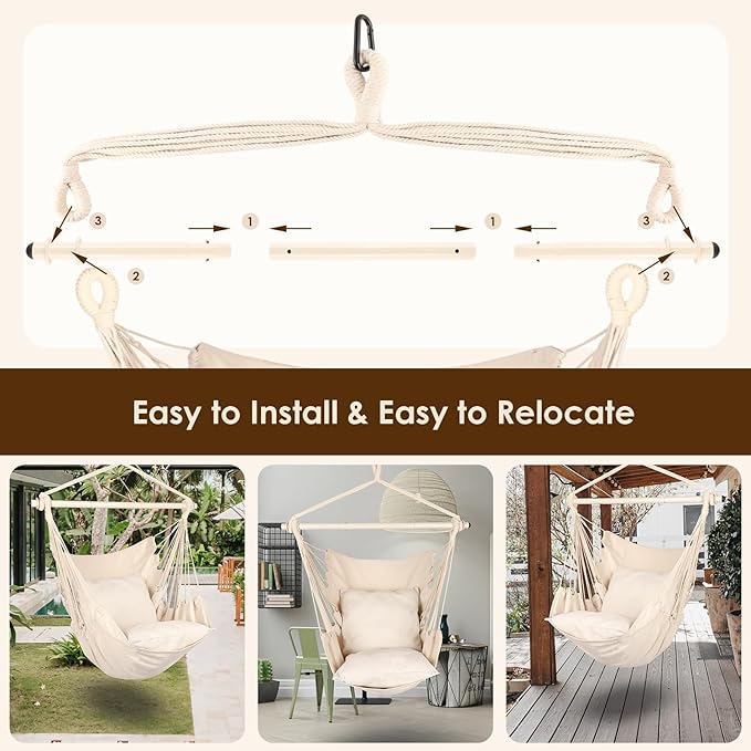 Highwild Hammock Chair Hanging Rope Swing - Max 500 Lbs - 2 Cushions Included - Steel Spreader Bar with Anti-Slip Rings - for Any Indoor or Outdoor Spaces (Beige)-VerdiqueGarden