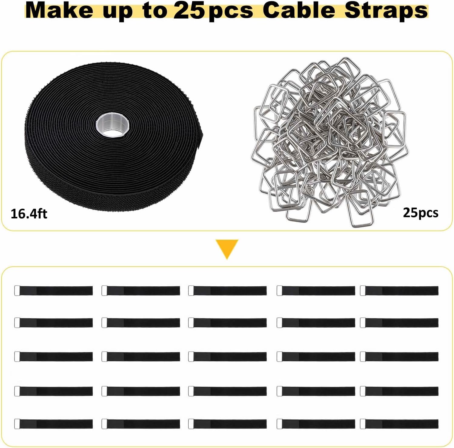 1"x16ft Hook and Loop Straps with 25 Metal Buckles, Adjustable Fastening Cable Straps, Cut-to-Length Cinch Strap, Reusable Nylon Securing Cord Ties for Organizer or Storage, 1 inch Wide, Black-VerdiqueGarden