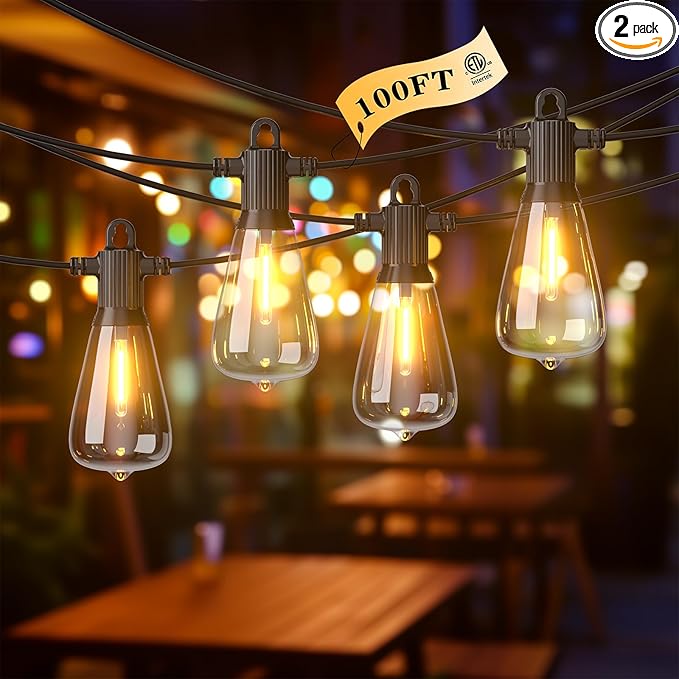 FOOMAN LED Outdoor String Lights, 100FT Outside Waterproof Patio Lights with 50+3 Shatterproof ST38 Edison Bulbs, 2700K Warm White Hanging Light, Dimmable Light for Back Yard Porch Party Gezebo-VerdiqueGarden