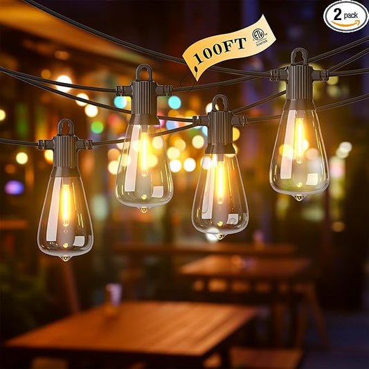 FOOMAN LED Outdoor String Lights, 100FT Outside Waterproof Patio Lights with 50+3 Shatterproof ST38 Edison Bulbs, 2700K Warm White Hanging Light, Dimmable Light for Back Yard Porch Party Gezebo-VerdiqueGarden